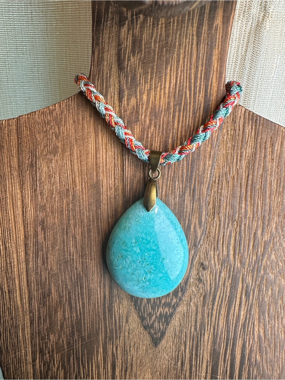 Handcrafted Green Coral Fossil Teardrop Pendant Necklace on Multicolor Rope - Picture 5 of 15